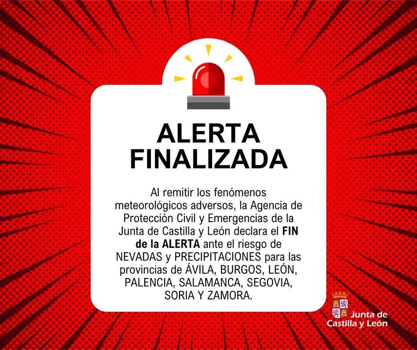 Anuncio sobre el fin de la alerta por nevadas en Castilla y León.