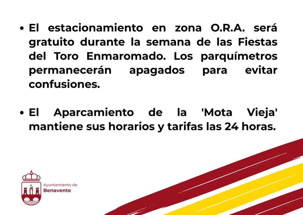 Anuncio sobre aparcamiento gratuito durante las Fiestas del Toro Enmaromado