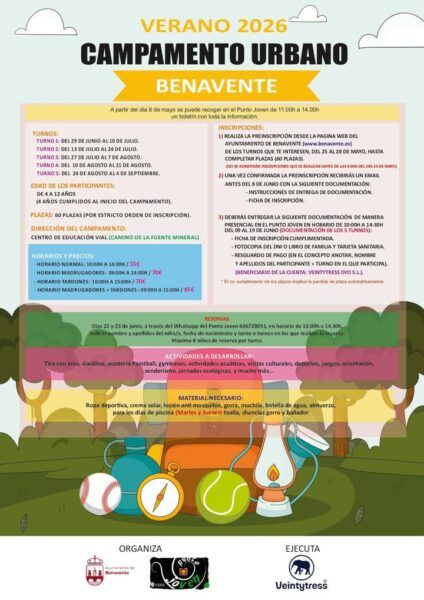 Cartel informativo sobre los campamentos urbanos 2026 en Benavente