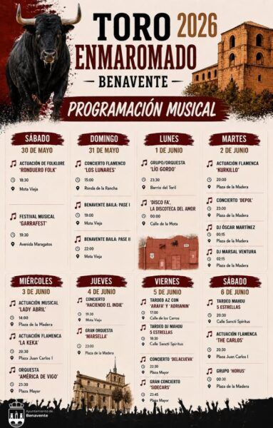 Cartel de programación musical para las Fiestas del Toro Enmaromado en Benavente