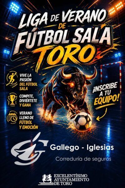 Cartel de la Liga de Verano de Fútbol Sala en Toro con un toro y un balón