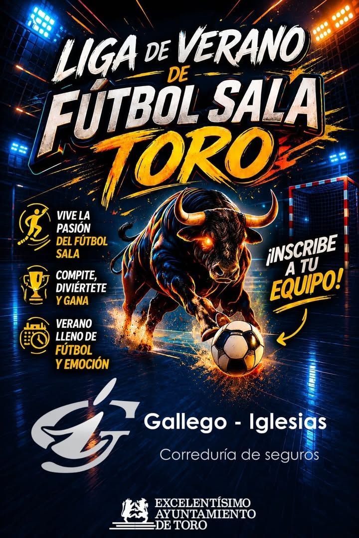 Cartel de la Liga de Verano de Fútbol Sala en Toro con un toro y un balón