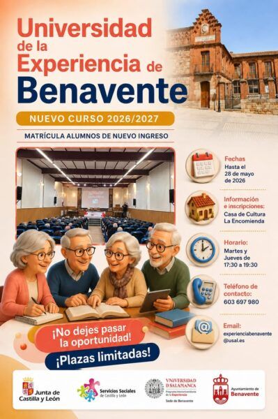 Cartel de matrícula abierta para el curso 2026/2027 en la Universidad de la Experiencia de Benavente