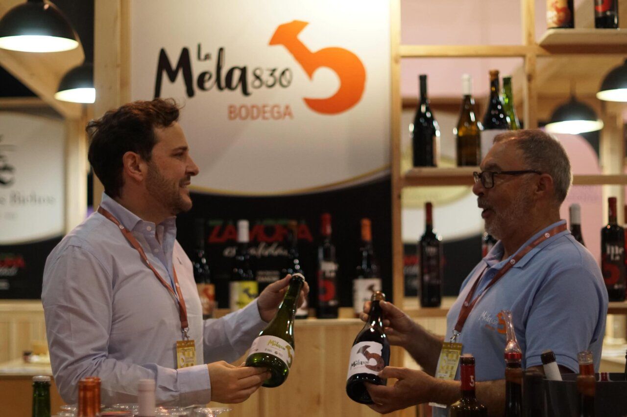 Dos hombres conversando sobre productos de vino en una feria