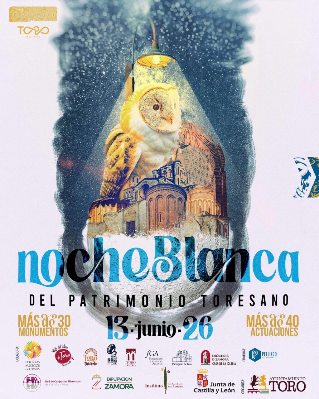 Cartel de la Noche Blanca del Patrimonio en Toro con un búho y monumentos