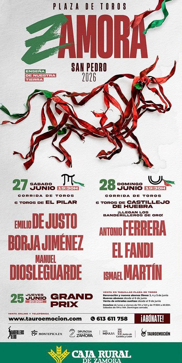 Cartel de la corrida de toros en Zamora San Pedro 2026