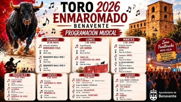 Cartel de la programación musical del Toro Enmaromado 2026 en Benavente.