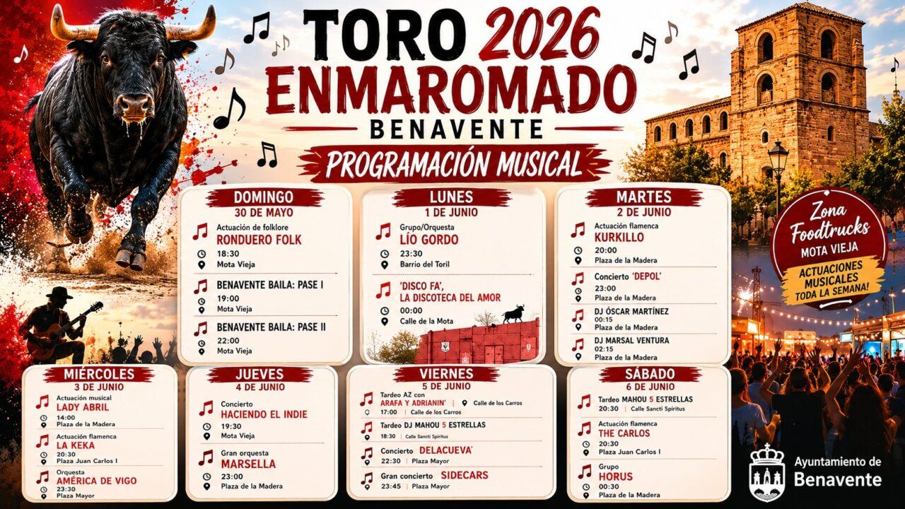 Cartel de la programación musical del Toro Enmaromado 2026 en Benavente.