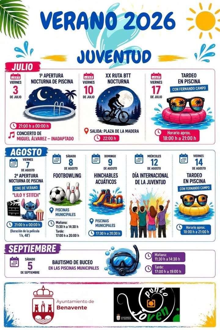 Cartel de actividades de verano 2026 en Benavente para jóvenes.