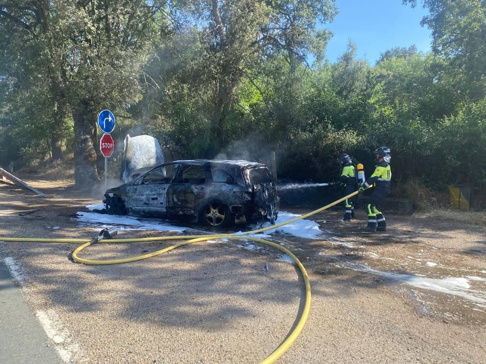 Bomberos extinguiendo un incendio en un vehículo en la carretera N-630