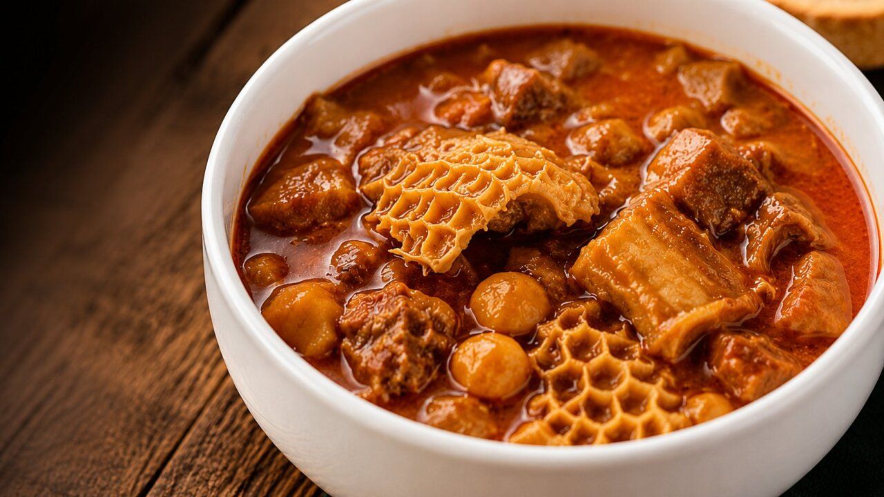 Plato de callos en un bol blanco con salsa roja