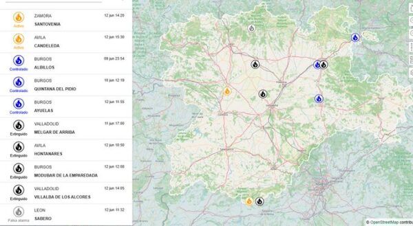 Mapa de incendios forestales en Castilla y León con información en tiempo real.