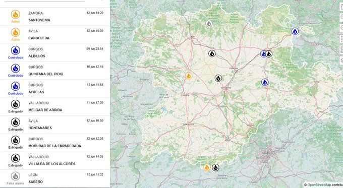Mapa de incendios forestales en Castilla y León con información en tiempo real.
