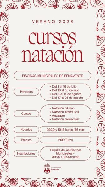 Cartel informativo sobre cursos de natación y aquagym en verano 2026
