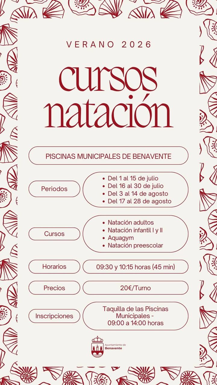 Cartel informativo sobre cursos de natación y aquagym en verano 2026