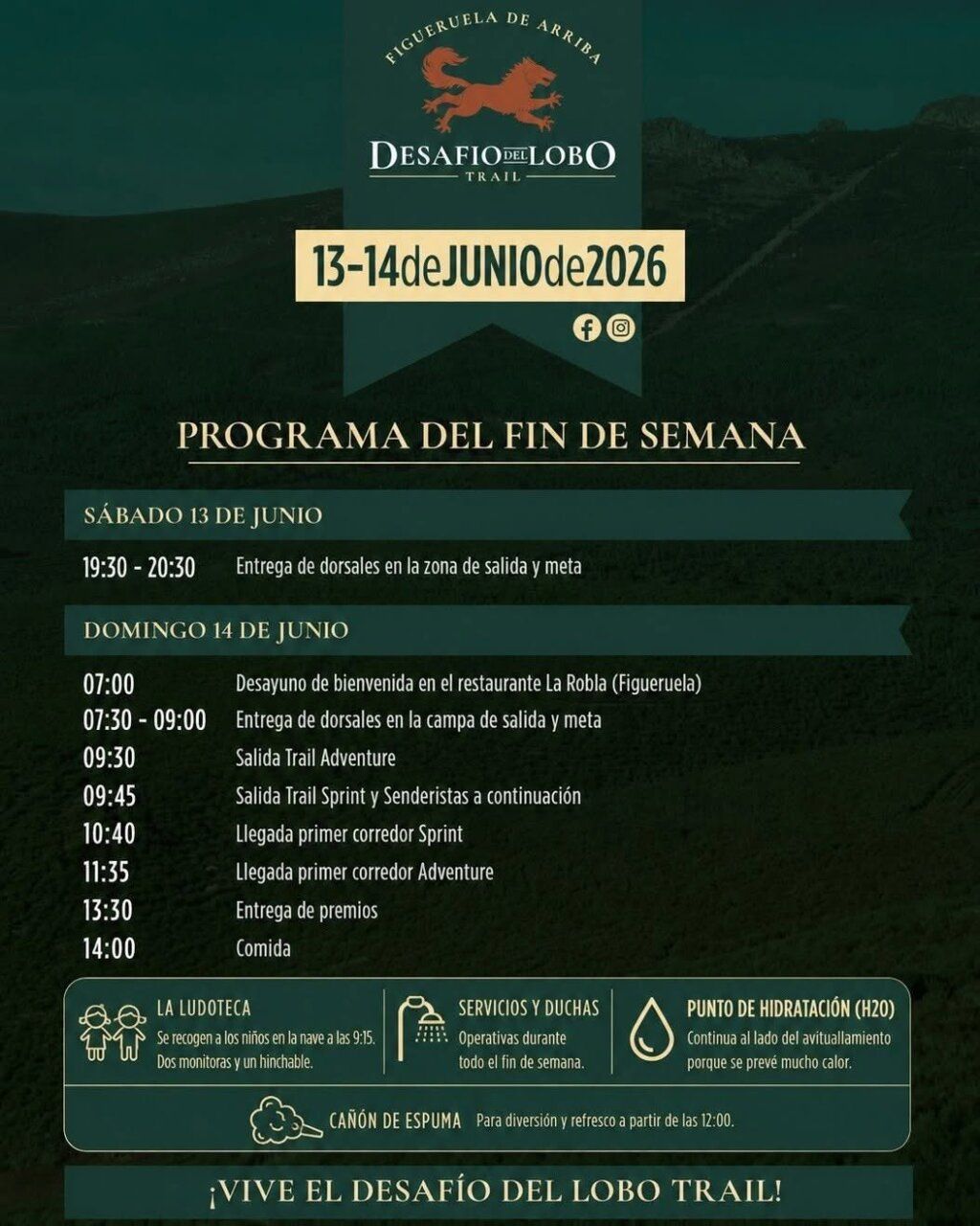 Cartel del Desafío del Lobo Trail con detalles del evento y horarios