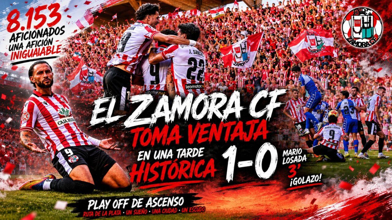 Jugadores del Zamora CF celebrando un gol en un abarrotado estadio.