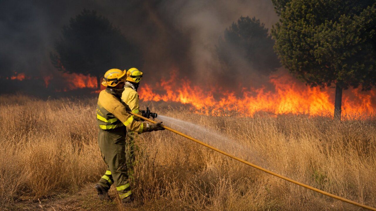 Bomberos trabajando en la extinción de un incendio forestal en Fermoselle