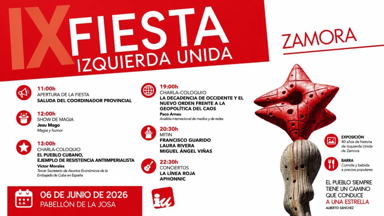 Cartel de la IX Fiesta de Izquierda Unida en Zamora con actividades culturales y políticas.