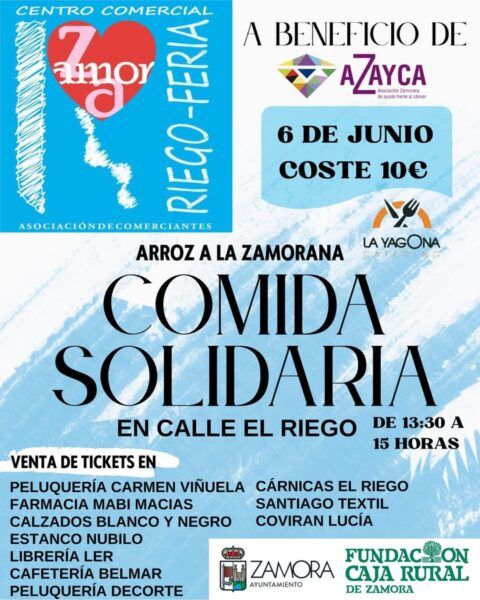 Cartel de la jornada comercial solidaria en El Riego con actividades y comida