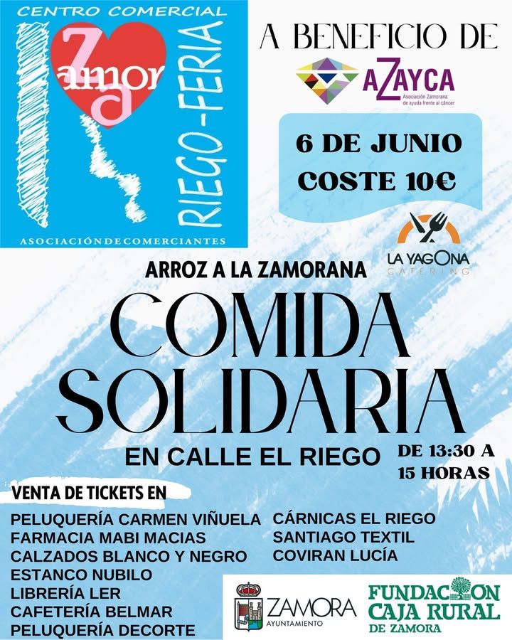 Cartel de la jornada comercial solidaria en El Riego con actividades y comida