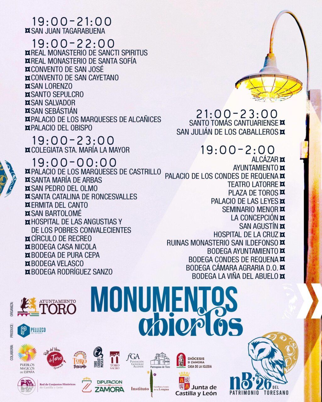 Cartel de la Noche Blanca del Patrimonio en Toro con horarios y monumentos