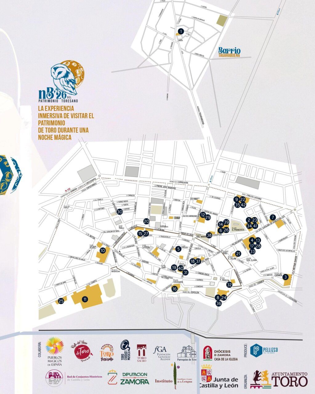 Mapa de la Noche Blanca del Patrimonio en Toro con actuaciones y monumentos