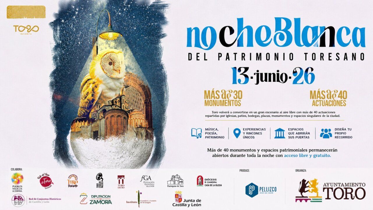 Cartel de la Noche Blanca del Patrimonio en Toro con actuaciones y monumentos