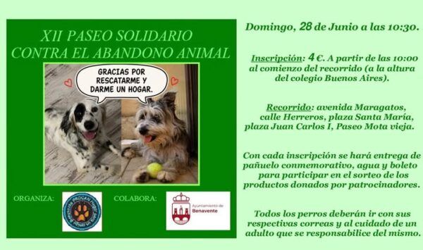Cartel del paseo solidario contra el abandono animal en Benavente con perros