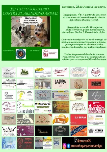 Cartel del paseo solidario contra el abandono animal en Benavente con perros