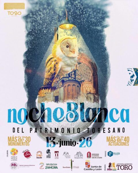 Cartel de la Noche Blanca del Patrimonio Toresano con un búho y monumentos