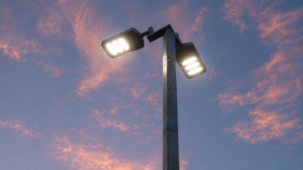 Farola iluminada con cielo colorido al fondo en Zamora