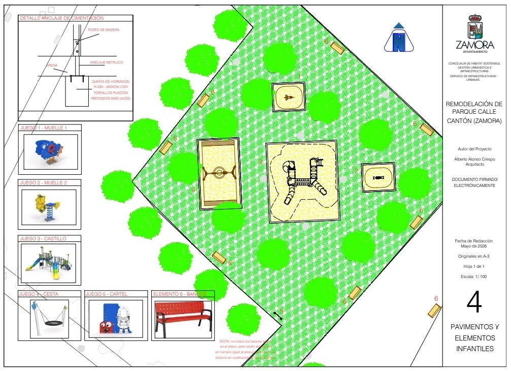 Plano de renovación del parque infantil en la calle Cantón de Zamora