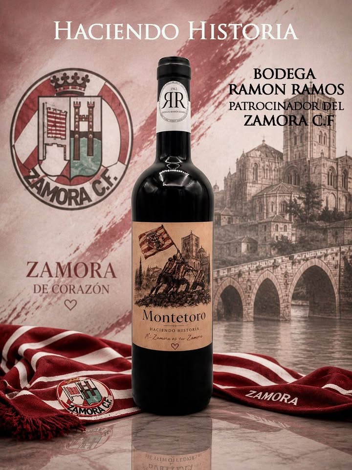 Botella de vino Montetoro con logo del Zamora C.F.