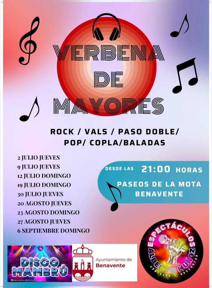 Cartel de verbenas para mayores en Benavente con fechas y actividades