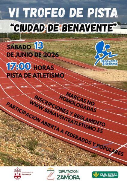 Pista de atletismo con cartel del VI Trofeo de Atletismo Ciudad de Benavente