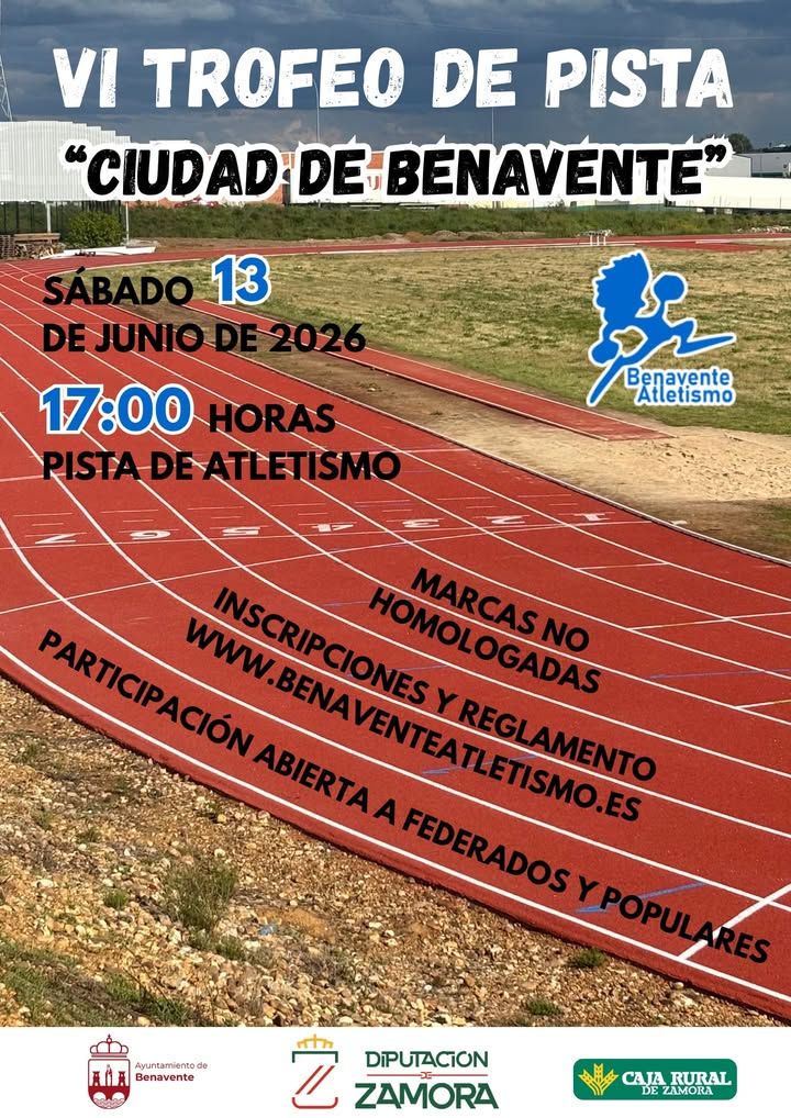 Pista de atletismo con cartel del VI Trofeo de Atletismo Ciudad de Benavente