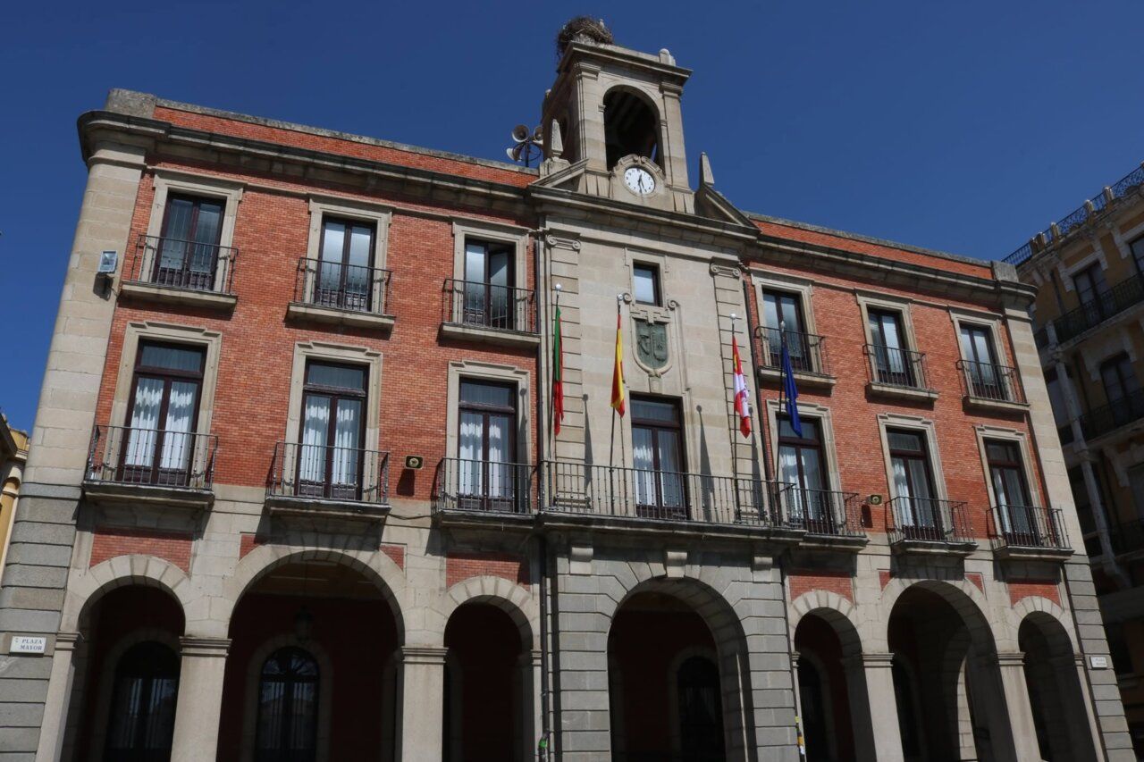 Vista del ayuntamiento de Zamora con banderas y cielo azul