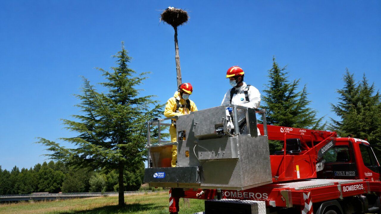 Bomberos de Rionegro retirando una cigüeña muerta en un parque