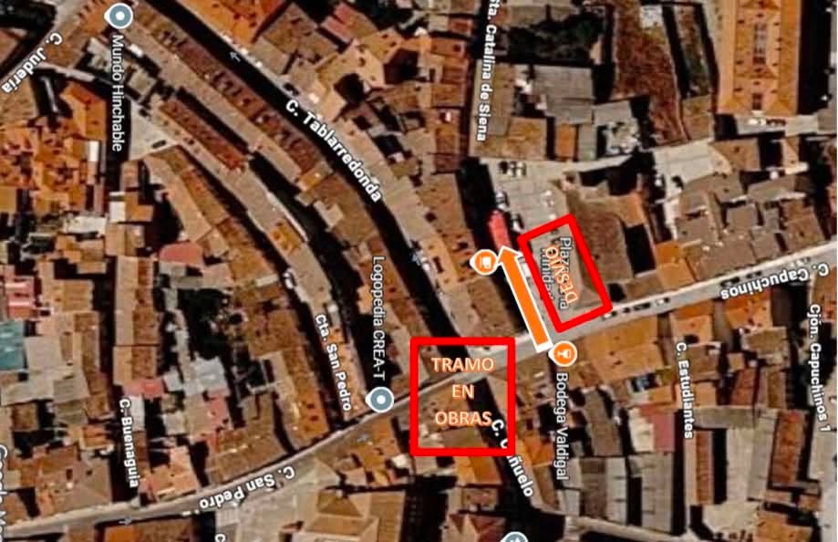 Mapa de la calle Tablarredonda con indicaciones de corte de tráfico por obras