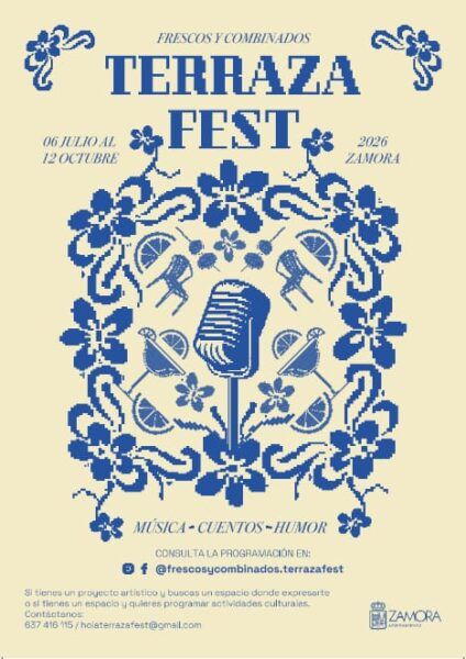 Cartel del festival Frescos y Combinados en Zamora con micrófono y flores