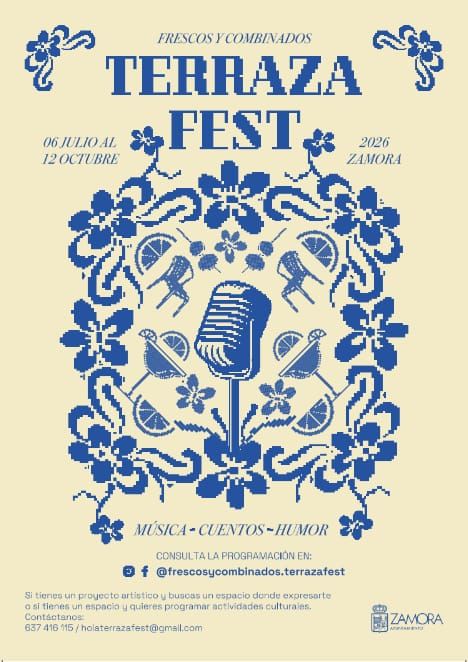 Cartel del festival Frescos y Combinados en Zamora con micrófono y flores