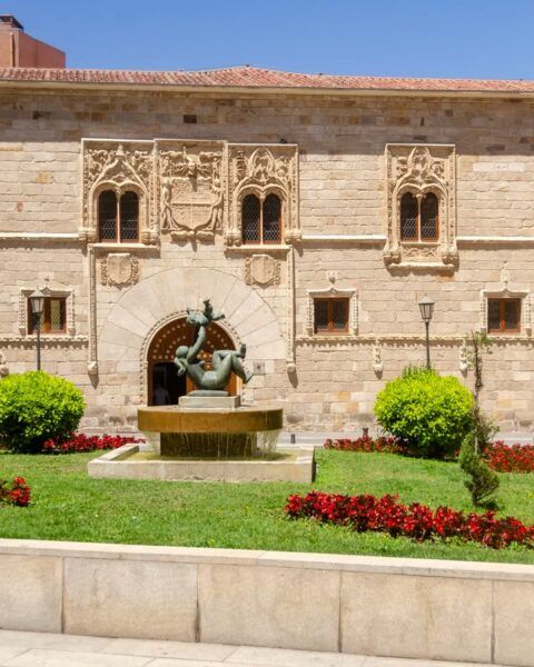 Fachada del Palacio de los Momos en Zamora con escudo y fuente
