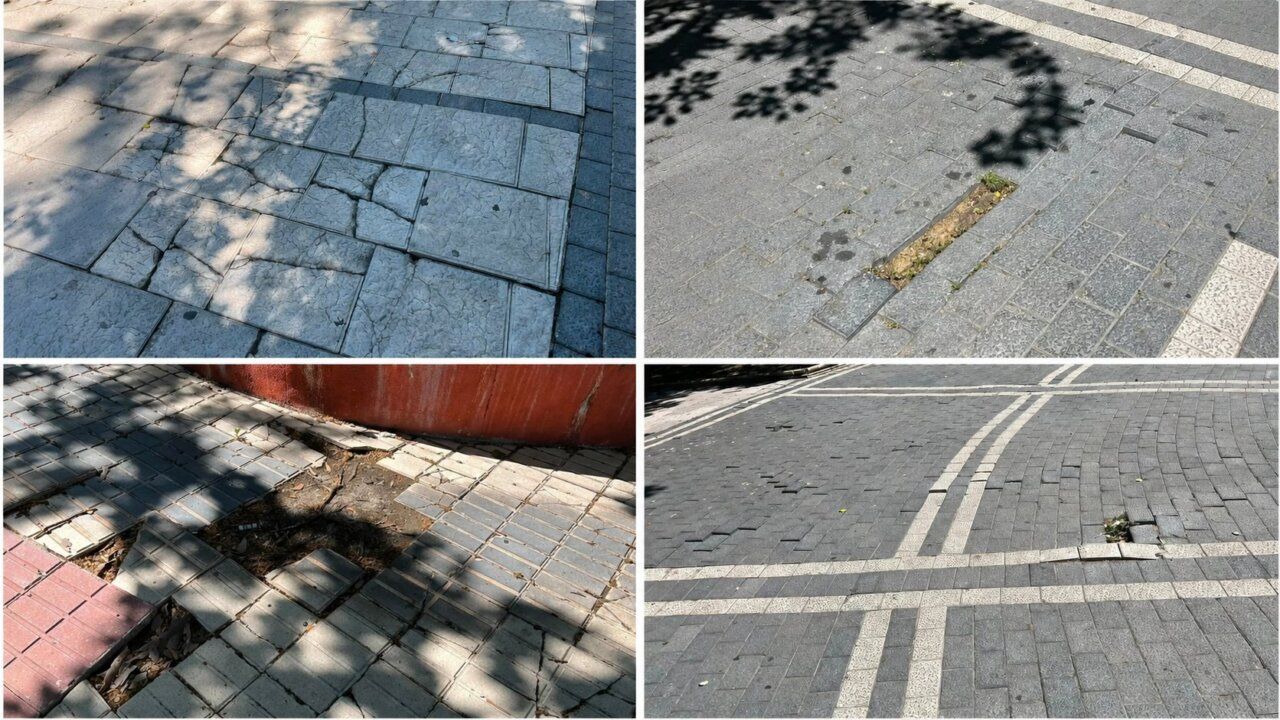 Pavimento deteriorado en varias zonas de Zamora con baldosas rotas y hundidas.