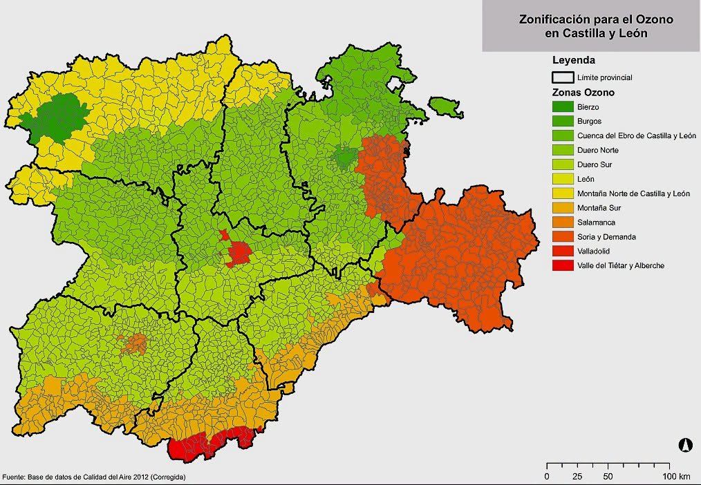 Mapa de zonificación del ozono en Castilla y León