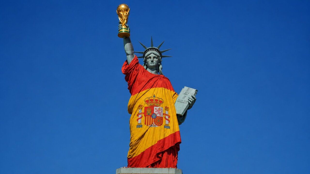 Estatua de la Libertad con la Copa del Mundo y bandera de España