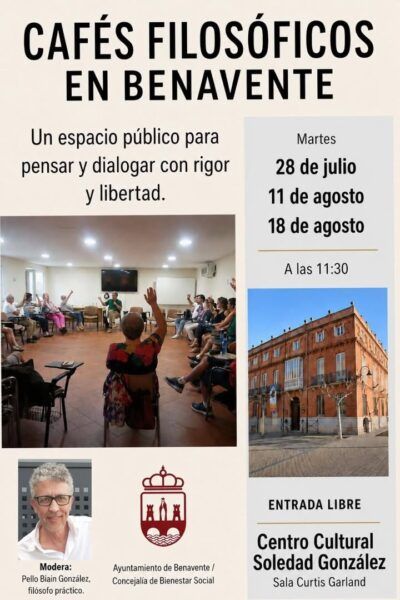 Evento de cafés filosóficos en Benavente con participantes dialogando.