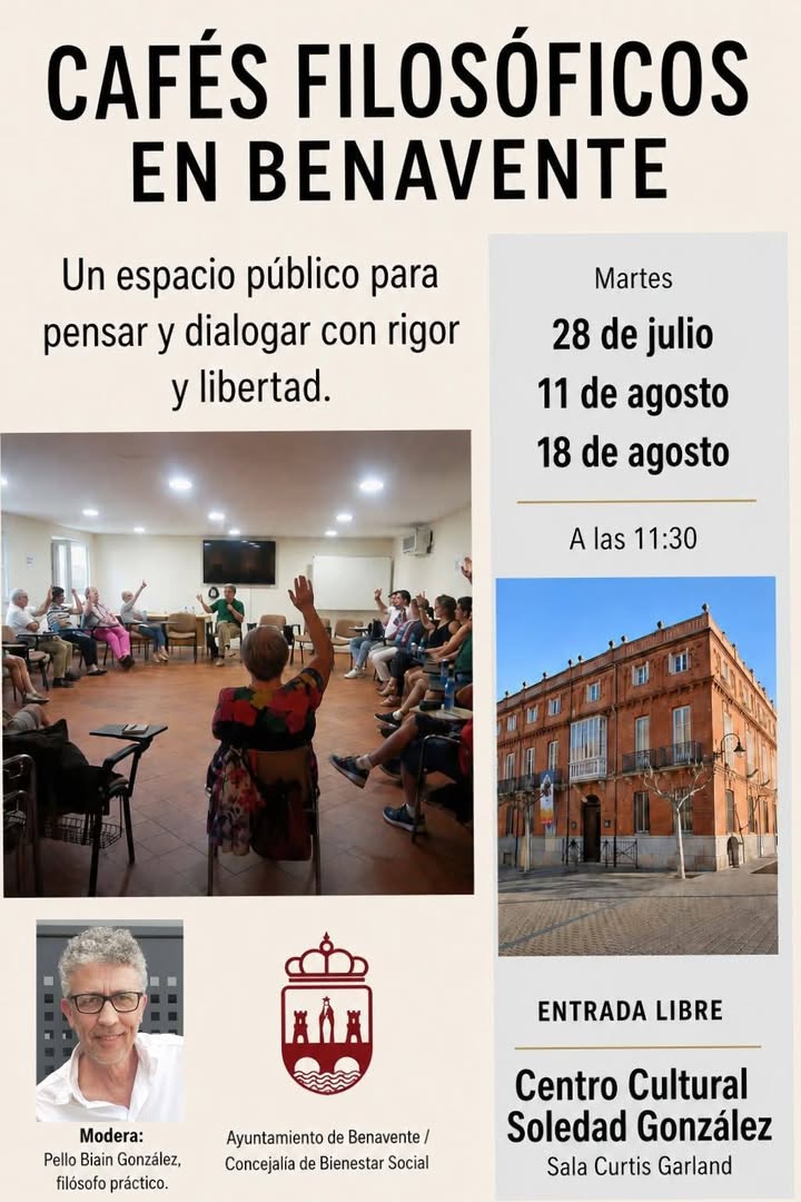 Evento de cafés filosóficos en Benavente con participantes dialogando.