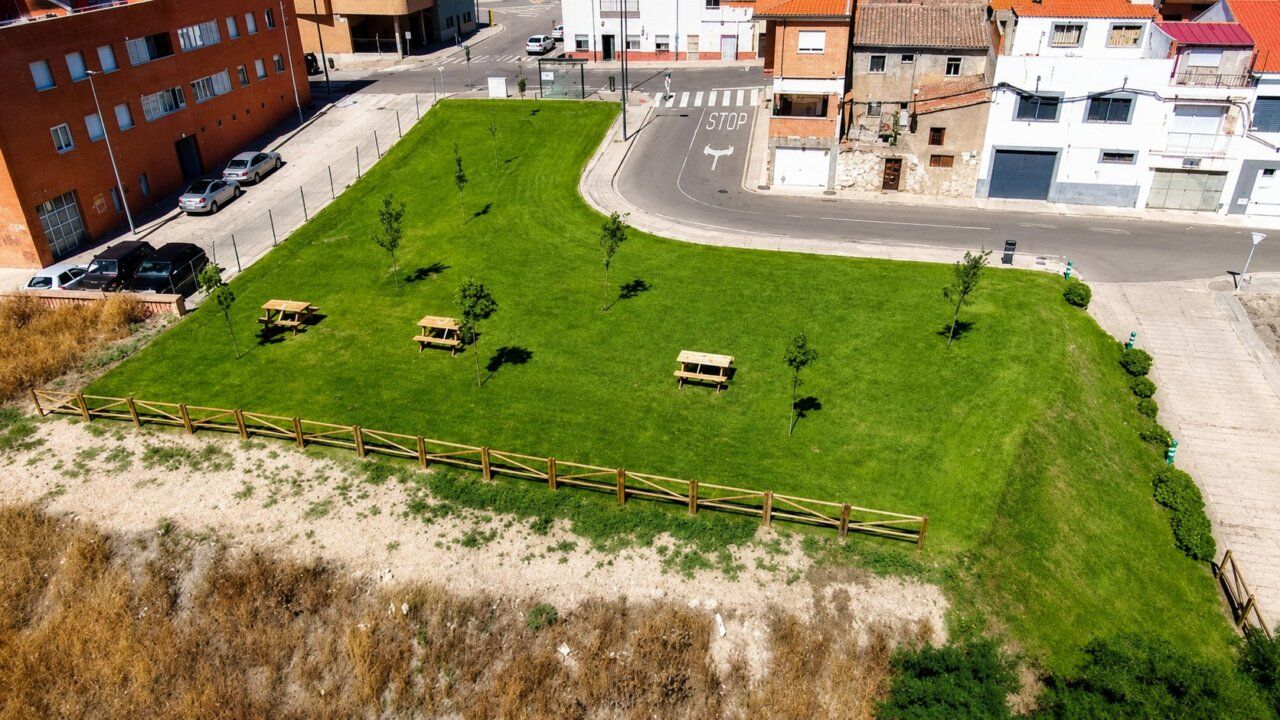 Vista aérea de un área verde con mesas de picnic y árboles jóvenes.
