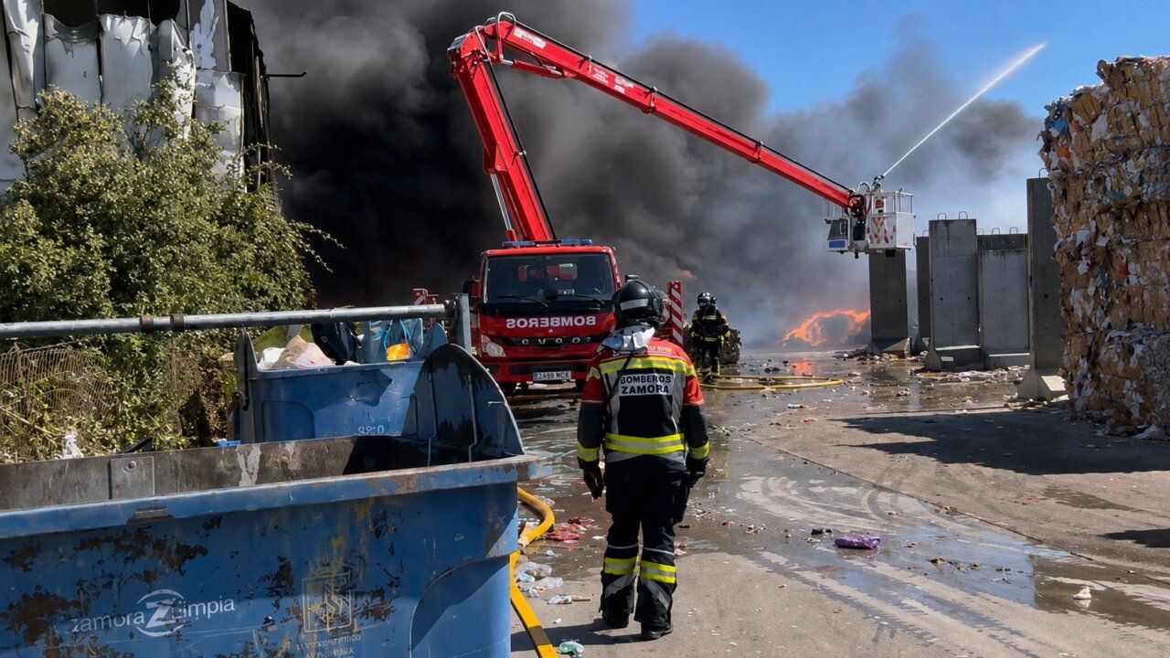 Bomberos trabajando en la extinción de un incendio en una planta de tratamiento de residuos.